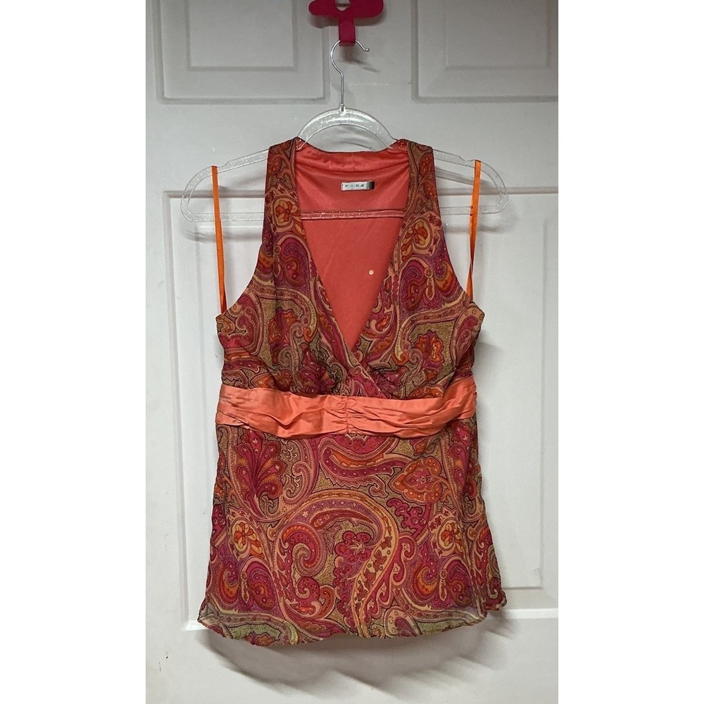 VTG Y2K Page Paisley Top V-neck Plunge Pink Orange‎ Boho Festival Blouse READ SZ